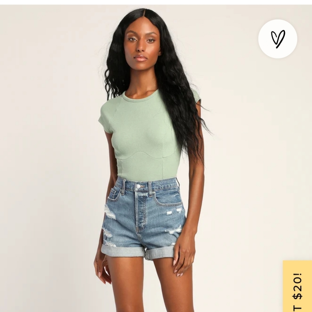 Lulus Cut to Cute Sage Green Ribbed Short Sleeve Cutout Crop Top - Picture 3 of 3